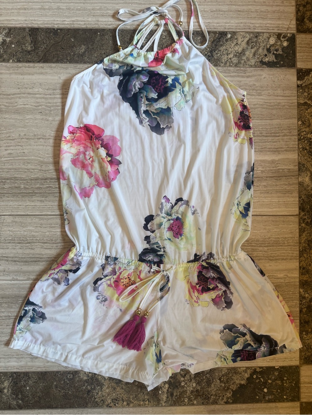 PQ Swim White Floral Halter Romper Coverup with Pink & Purple Flowers